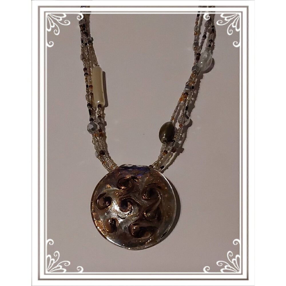 Chocolate Swirl Italian Murano Glass & Crystal~Seed Beads Pendant & Necklace